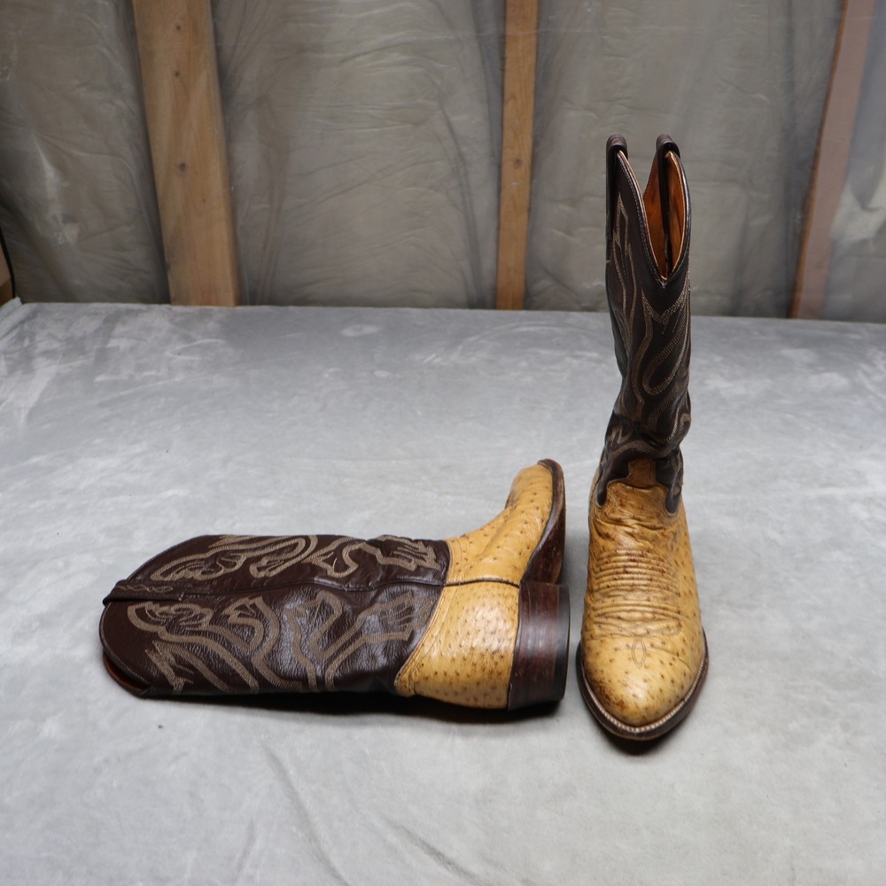 J Chrisholm Men 7.5D Cowboy Boots Brown Ostrich Exotic Western Leather Pointed